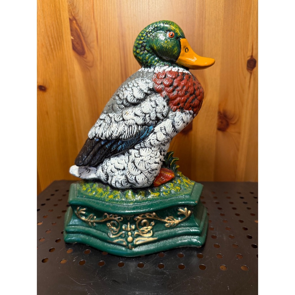 Vintage Cast Iron Mallard Duck Doorstop Hand Painted Decorative Bird Figurine
